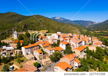 Aerial view of small french village Cucugnan Aerial view of small french village Cucugnan 107741986