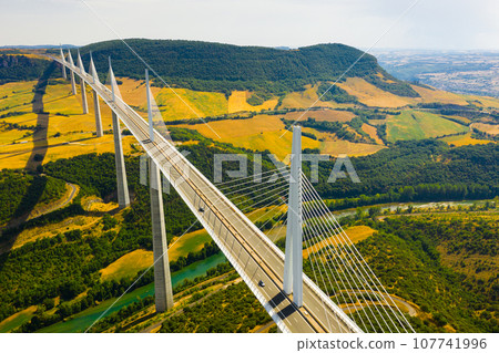 Aerial view of multispan cable stayed Millau Viaduct, France 107741996