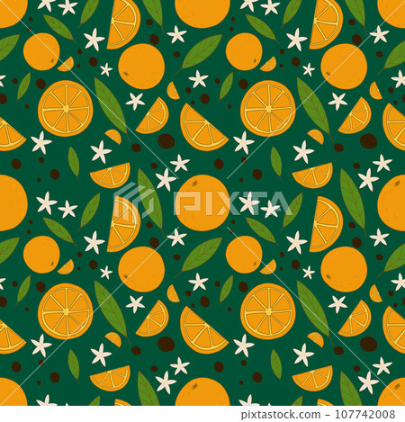 Seamless pattern. Orange juicy fruits leaves and flowers on shabby background. 107742008