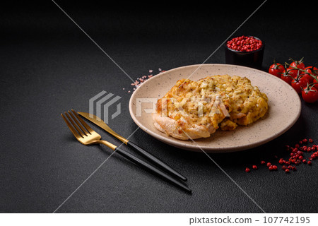 Delicious meat fried with Dijon mustard with salt, spices and herbs Delicious meat fried with Dijon mustard with salt, spices and herbs 107742195