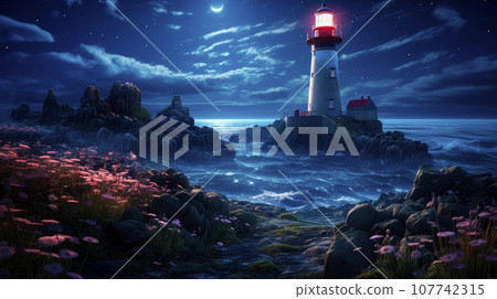 Landscape with lighthouse at night - building on rocks with searchlight, illuminated shore.AI generated. 107742315