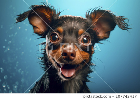 Funny little wet dog in bathroom. AI generated. 107742417