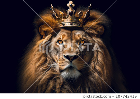 Head of King Lion in the golden crown.AI generated. 107742419