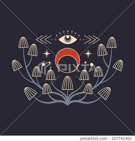 Witchcraft Esoteric Symbol with Mushrooms and Moon Witchcraft Esoteric Symbol with Mushrooms and Moon 107742462