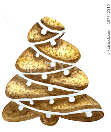 Watercolor christmas decoration. Yammy gingerbread cookie. Watercolor illustration of hand painted christmas cookies: man, tree,stars, candy. 107742519