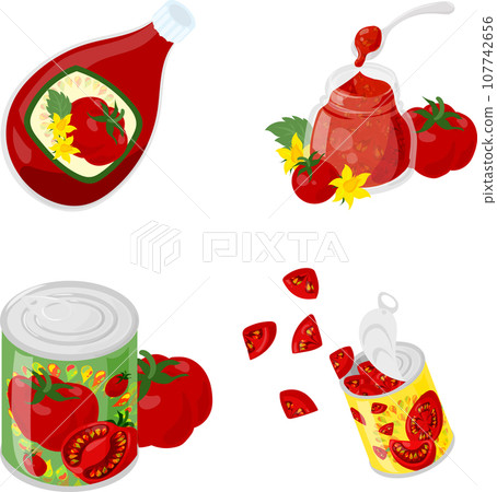 新鮮多汁的番茄的圖標，包括罐頭食品、番茄醬和醬汁。 107742656