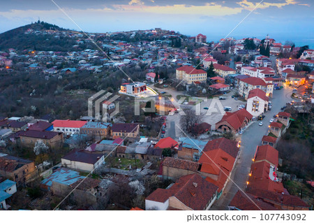Scenic aerial view of georgian township Sighnaghi Scenic aerial view of georgian township Sighnaghi 107743092