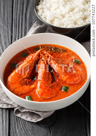 Chingri Macher Malai Curry is a traditional Bengali cooked with sauteed tiger prawns in a mildy spiced coconut milk based curry sauce closeup on the plate. Vertical Chingri Macher Malai Curry is a traditional Bengali cooked with sauteed tiger prawns in a mildy spiced coconut milk based curry sauce closeup on the plate. Vertical 107743227