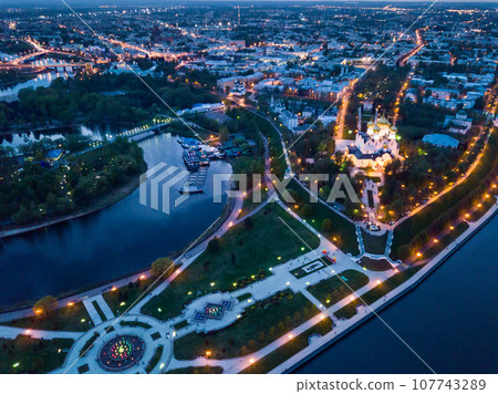 View from drone of Yaroslavl Assumption cathedral at night View from drone of Yaroslavl Assumption cathedral at night 107743289