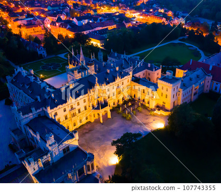 Panoramic view of medieval castle Lednice. Panoramic view of medieval castle Lednice. 107743355