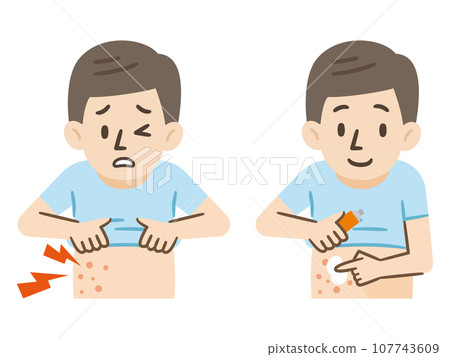 Illustration of eczema symptoms and a man applying medicine Illustration of eczema symptoms and a man applying medicine 107743609