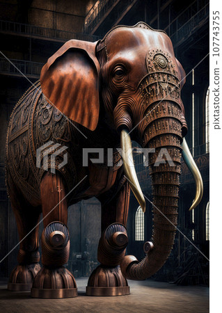 Elephant made of copper plates. AI generated. 107743755