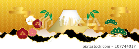 A combination of a sea of clouds, mountains, and pine, bamboo, and plum blossoms against a golden background A combination of a sea of clouds, mountains, and pine, bamboo, and plum blossoms against a golden background 107744017