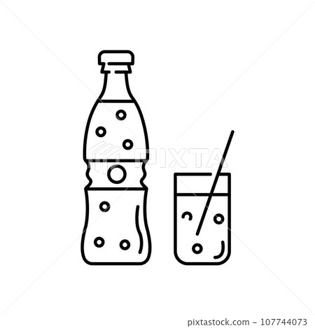 Glass and bottle of cola. Design element for summer bar menu, print, stickers, pictures, web design. Vector illustration in doodle style. Vector icon of cute line doodle soft drink and cola 107744073