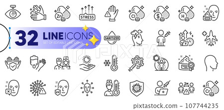 Outline set of Covid virus, Medical flight and Blood line icons for web with Chlorine mineral, Insurance hand, Head thin icon. People vaccination, Zinc mineral, Medicine price pictogram icon. Vector Outline set of Covid virus, Medical flight and Blood line icons for web with Chlorine mineral, Insurance hand, Head thin icon. People vaccination, Zinc mineral, Medicine price pictogram icon. Vector 107744235