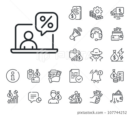 Money tax rate sign. Cash money, loan and mortgage outline icons. Online tax line icon. Financial interest symbol. Online tax line sign. Credit card, crypto wallet icon. Inflation, job salary. Vector Money tax rate sign. Cash money, loan and mortgage outline icons. Online tax line icon. Financial interest symbol. Online tax line sign. Credit card, crypto wallet icon. Inflation, job salary. Vector 107744252