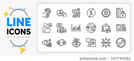 Usd exchange, Dao and Calendar line icons set for app include Audit, Targeting, Online discounts outline thin icon. Clipboard, Sale, Line graph pictogram icon. Making money, Pie chart, Kpi. Vector Usd exchange, Dao and Calendar line icons set for app include Audit, Targeting, Online discounts outline thin icon. Clipboard, Sale, Line graph pictogram icon. Making money, Pie chart, Kpi. Vector 107744262