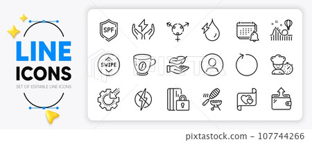 Safe energy, Headshot and Hydroelectricity line icons set for app include Notification, Wallet, Chef outline thin icon. Antistatic, Coffee, Spf protection pictogram icon. Love letter. Vector 107744266