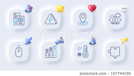 Graph chart, Qr code and Stress line icons. Buttons with 3d bell, chat speech, cursor. Pack of Swipe up, Weather thermometer, Puzzle icon. Lightning bolt, Location pictogram. Vector Graph chart, Qr code and Stress line icons. Buttons with 3d bell, chat speech, cursor. Pack of Swipe up, Weather thermometer, Puzzle icon. Lightning bolt, Location pictogram. Vector 107744290