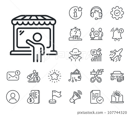 Wholesale store buyer sign. Salaryman, gender equality and alert bell outline icons. Market seller line icon. Retail marketplace symbol. Market seller line sign. Vector 107744320