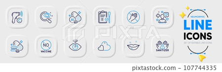Electronic thermometer, Patient and Vision test line icons for web app. Pack of Overeating pills, Dont touch, Clean hands pictogram icons. Nasal test, Lips, No vaccine signs. Care. Vector 107744335