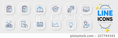 Light bulb, Wallet and Bike line icons for web app. Pack of Empower, Search people, Gps pictogram icons. Medical analyzes, Diagram, Seo signs. Patient history, Image carousel, Receive money. Vector 107744383