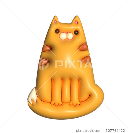 3d cartoon render ginger tabby cat. Front view Sitting kitty. Cutr clay style character with funny weird cartoon face. Raster isolated illustration. 107744422