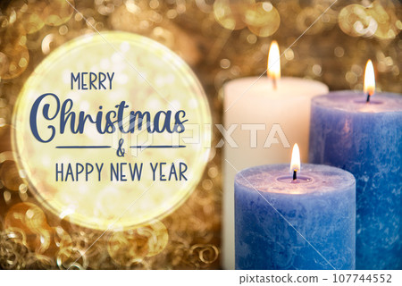 Text Merry Christmas And Happy New Year, With Candles, Christmas Background 107744552