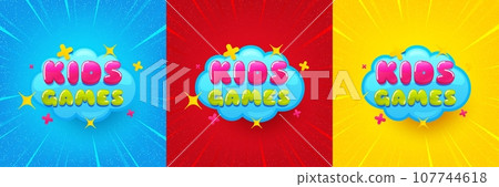 Kids games sticker. Sunburst offer banner, flyer or poster. Fun playing zone banner. Children games party area icon. Kids games promo event banner. Starburst pop art coupon. Special deal. Vector 107744618