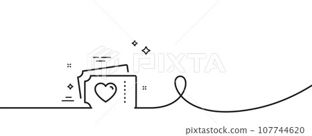 Love tickets line icon. Continuous one line with curl. Valentines day sign. Couple relationships symbol. Love tickets single outline ribbon. Loop curve pattern. Vector 107744620