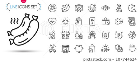 Pack of Parking, Coffee cup and Cogwheel timer line icons. Include Loyalty points, Baggage, Jobless pictogram icons. Unknown file, Vacancy, Rank star signs. Timer, Businessman case. Vector 107744624