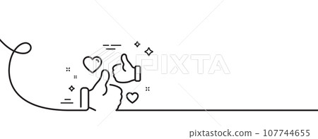 Like line icon. Continuous one line with curl. Thumbs up with heart sign. Positive feedback, social media symbol. Like single outline ribbon. Loop curve pattern. Vector Like line icon. Continuous one line with curl. Thumbs up with heart sign. Positive feedback, social media symbol. Like single outline ribbon. Loop curve pattern. Vector 107744655