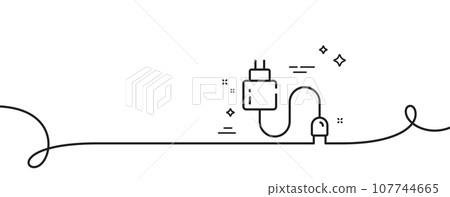 Charging cable line icon. Continuous one line with curl. Mobile accessories sign. Charge adapter symbol. Charging cable single outline ribbon. Loop curve pattern. Vector 107744665