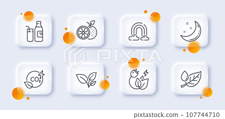 Leaves, Moon stars and Leaf dew line icons pack. 3d glass buttons with blurred circles. Co2 gas, Milk, Rainbow web icon. Orange, Green energy pictogram. For web app, printing. Vector 107744710
