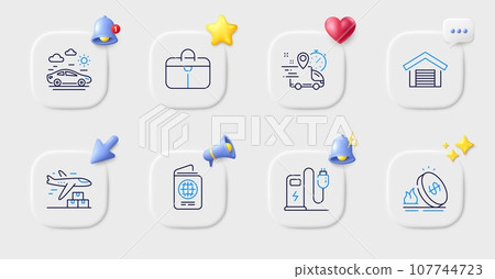 Delivery plane, Car travel and Gas price line icons. Buttons with 3d bell, chat speech, cursor. Pack of Passport, Handbag, Express delivery icon. Parking garage, Charging station pictogram. Vector Delivery plane, Car travel and Gas price line icons. Buttons with 3d bell, chat speech, cursor. Pack of Passport, Handbag, Express delivery icon. Parking garage, Charging station pictogram. Vector 107744723