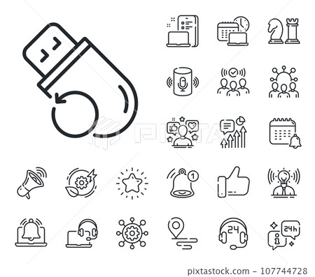 Backup data sign. Place location, technology and smart speaker outline icons. Recovery usb memory line icon. Restore information symbol. Flash memory line sign. Vector 107744728