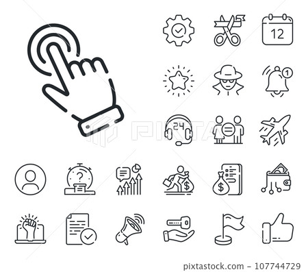 Click action sign. Salaryman, gender equality and alert bell outline icons. Hand cursor line icon. Finger pointer symbol. Cursor line sign. Spy or profile placeholder icon. Vector Click action sign. Salaryman, gender equality and alert bell outline icons. Hand cursor line icon. Finger pointer symbol. Cursor line sign. Spy or profile placeholder icon. Vector 107744729