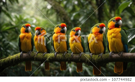 Tropical parrots sitting on a tree branch in the rainforest 107744982