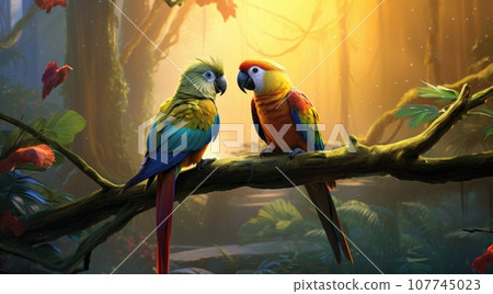 Tropical parrots sitting on a tree branch in the rainforest 107745023