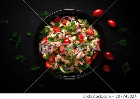 Tuna salad in a bowl on a dark background 107745024