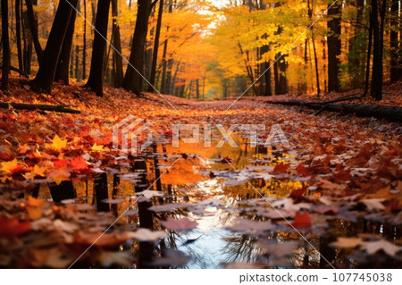 An autumn background with a dense forest, tree branches with vibrant red and orange leaves 107745038