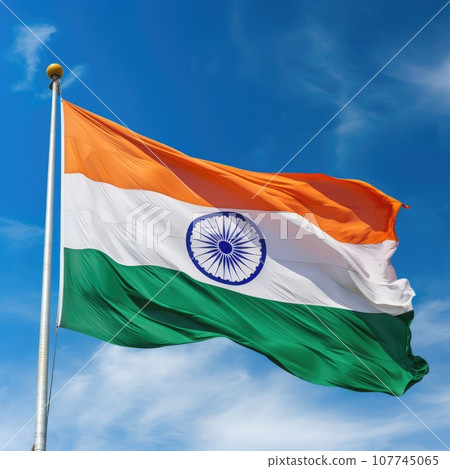 Indian flag waving on blue sky background 107745065