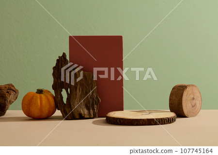 Pastel green background for advertising with Autumn theme. Dry twigs, pumpkin and red podium decorated. Empty space for display mockup bottle. Front view, minimalist concept Pastel green background for advertising with Autumn theme. Dry twigs, pumpkin and red podium decorated. Empty space for display mockup bottle. Front view, minimalist concept 107745164