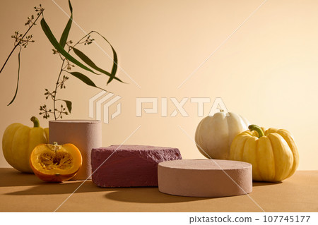 Autumn background with pumpkins and green leaves decorated on backlit background with empty podiums. Front view, space for display, mockup design. Scene for advertising 107745177