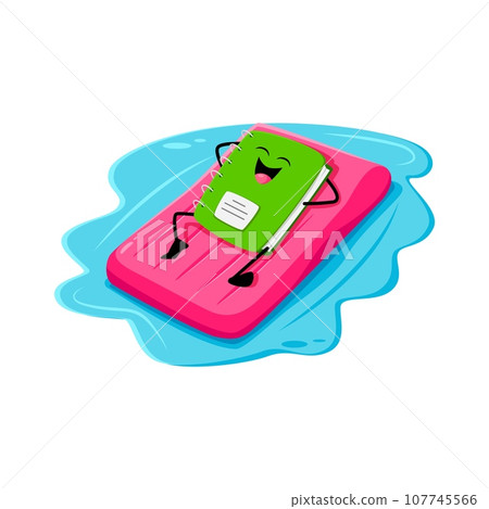 Cartoon notebook school supply character floating on mattress in sea on summer beach vacation. Isolated vector chalkboard personage lying on inflatable floater relax and tan under the hot sun rays Cartoon notebook school supply character floating on mattress in sea on summer beach vacation. Isolated vector chalkboard personage lying on inflatable floater relax and tan under the hot sun rays 107745566