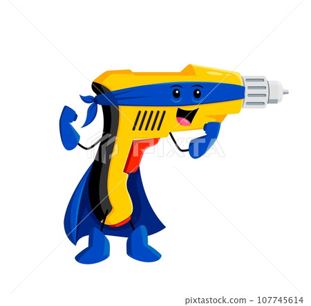 Cartoon electric drill tool superhero character. Isolated vector drillmaster personage, armed with a mighty arms, he bores through obstacles to save the day with precision and power, making diy tasks 107745614