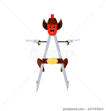 Cartoon compass school supply cowboy, ranger, sheriff and robber character with trusty guns in hands and wide-brimmed hat. Vector adventurous divider personage is always ready for wild frontier quest 107745623