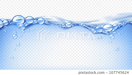 Realistic transparent pool water wave surface with bubbles, blue flow splash. Vector boiling liquid, fizzy abstract background with dynamic motion. Realistic 3d aqua, randomly moving or fizzing 107745624