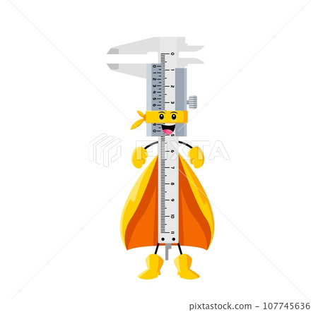 Cartoon calipers or trammel tool superhero character. Isolated vector comic hero defender, armed with precision and accuracy power to measure any challenge, ensures everything is perfectly aligned Cartoon calipers or trammel tool superhero character. Isolated vector comic hero defender, armed with precision and accuracy power to measure any challenge, ensures everything is perfectly aligned 107745636