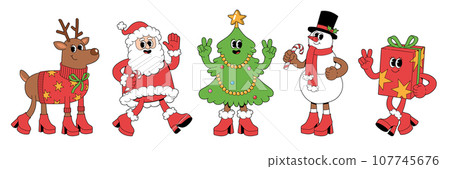 Merry Christmas and Happy New year characters. Santa Claus Christmas tree snowman reindeer gift box in trendy groovy retro cartoon style. Sticker pack of comic characters. 107745676